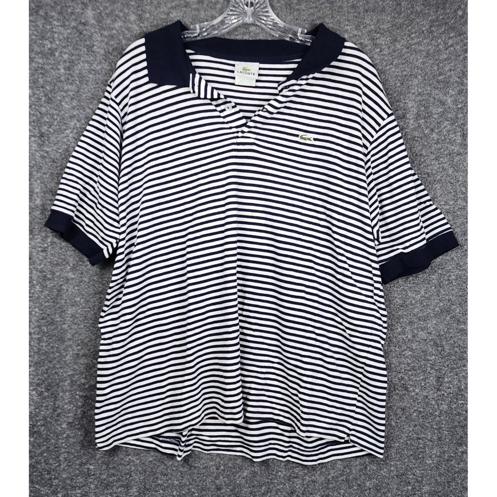 Lacoste Polo Shirt Mens 5 L Navy White Striped Short Sleeve Cotton Pique 5191L‎